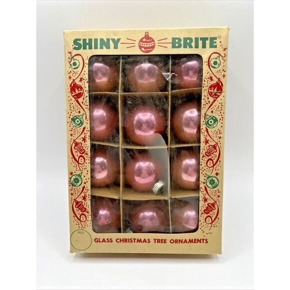 Vintage Shiny Brite Glass Christmas Tree Ornament Box Of 12 Small Pink Balls - Picture 1 of 13